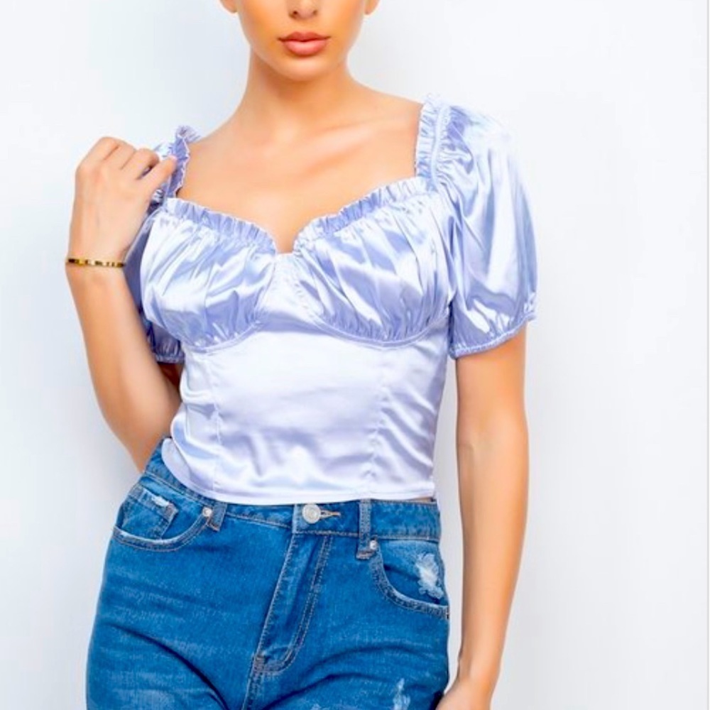 BABY BLUE SATIN RUFFLE SHORT SLEEVE CROPPED TOPS